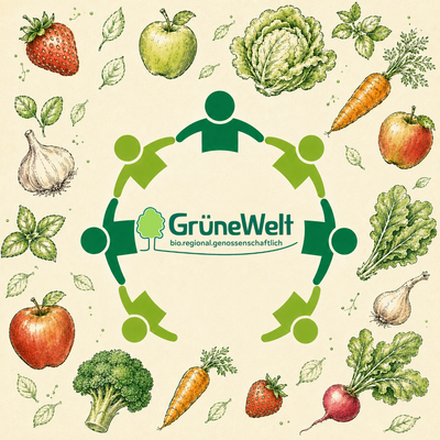 KI generiert: Ein Kreis von Figuren, umgeben von Obst und Gemüse. Text: "Grüne Welt bio.regional.genossenschaftlich".