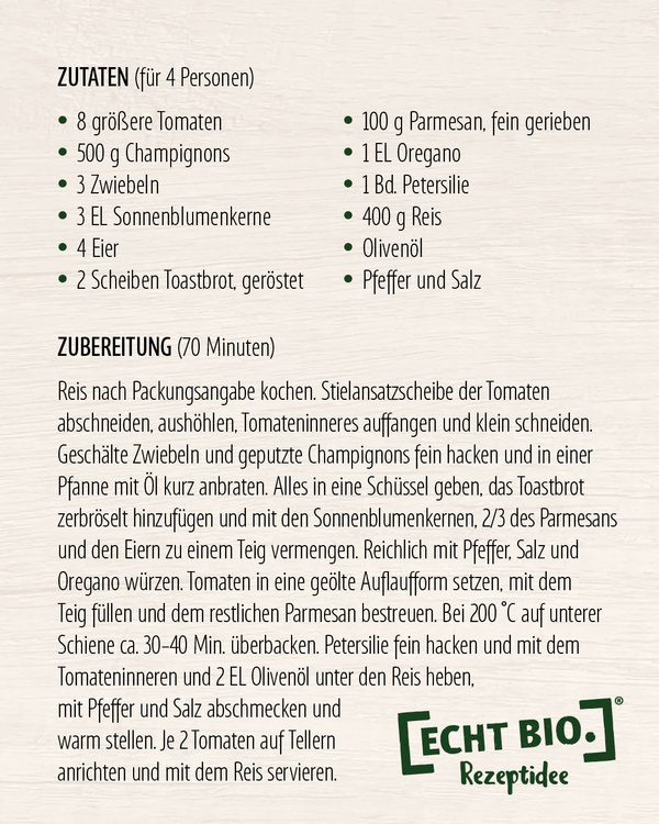 KI generiert: Rezept mit Zutatenliste und Zubereitung für ein Gericht mit gefüllten Tomaten und Reis.