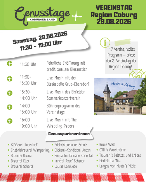 KI generiert: Eventankündigung für den Vereinstag in Coburg am 29.08.2026, mit Musik und Genussständen.