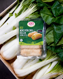 KI generiert: Auf dem Bild ist eine Packung mit Bio-Mini-Frühlingsrollen im China-Stil abgebildet, die auf frischem grünen Gemüse liegt. Die Frühlingsrollen sind als vegan und biologisch gekennzeichnet.
