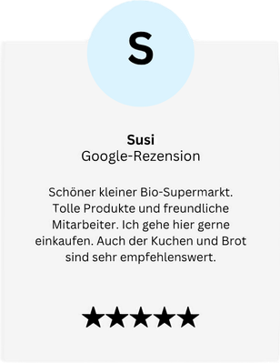 KI generiert: Fünf-Sterne-Bewertung eines Onlineshops mit Lob für frische Produkte und einfache Bestellung.