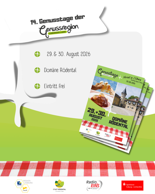 KI generiert: Plakat zu den 14. Genusstagen der Genussregion Coburger Land am 29. & 30. August 2026 in der Domäne Rödental.