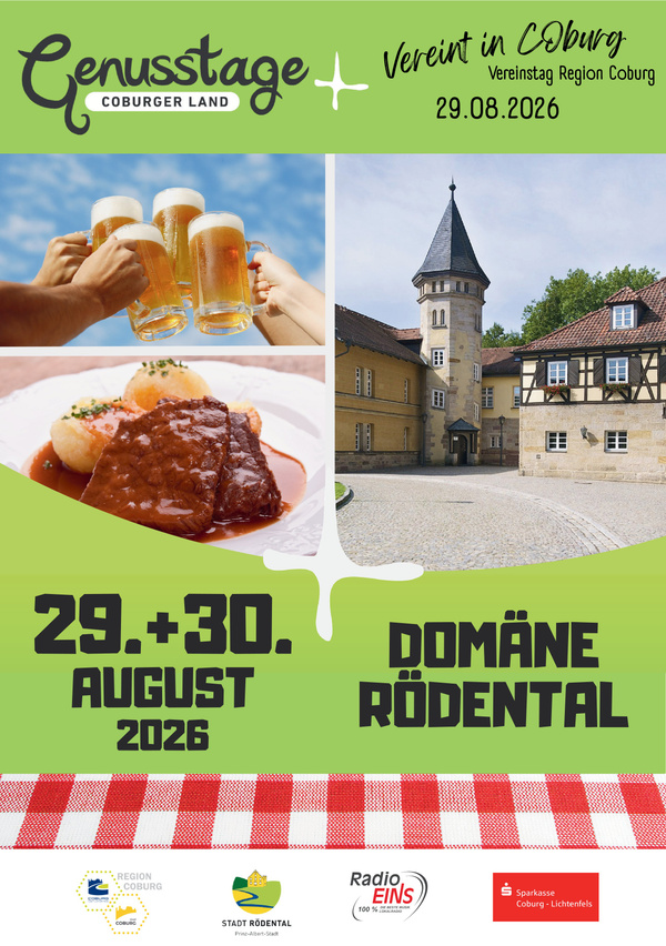KI generiert: Veranstaltungsplakat: Genusstage Coburger Land am 29.-30. August 2026, Domäne Rödenal. Bier, Essen, Gebäude.