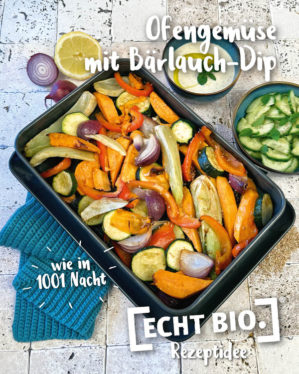 KI generiert: Ein Blech mit Ofengemüse neben einem Bärlauch-Dip. Text: "Ofengemüse mit Bärlauch-Dip".