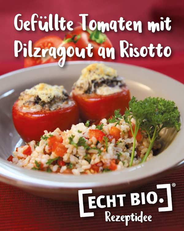 KI generiert: Gefüllte Tomaten mit Pilzragout auf Risotto, Text: "Gefüllte Tomaten mit Pilzragout an Risotto", "ECHT BIO Rezeptidee".