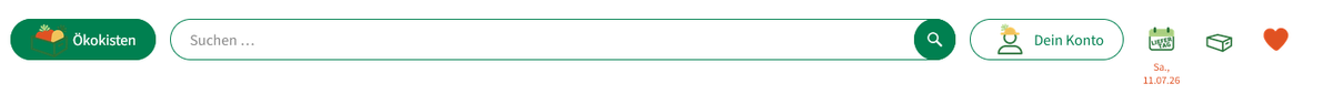 KI generiert: Eine grüne Suchleiste mit "Ökokisten"-Logo und Icons; Text: "Suchen ..." und "Dein Konto".