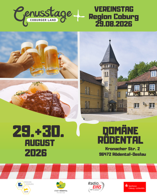 KI generiert: Eventplakat: Genusstage Coburger Land am 29.+30. August 2026 in der Domäne Rödental. Bier, Essen, Gebäude.