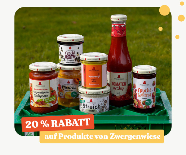 KI generiert: Lebensmittel von Zwergenwiese auf einem Tisch. Text: "20 % RABATT auf Produkte von Zwergenwiese".