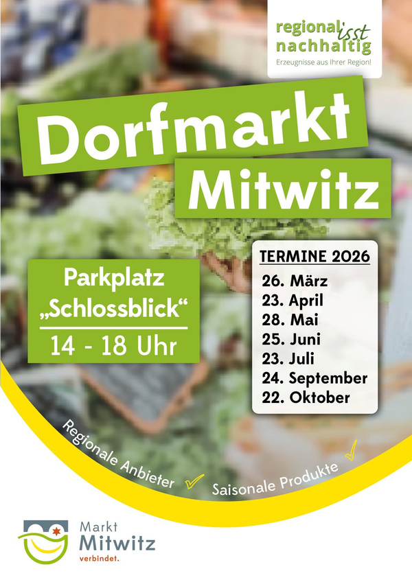 KI generiert: Dorfmarkt Mitwitz: Parkplatz "Schlossblick", 14-18 Uhr. Termine 2026: 26.3., 23.4., 28.5., 25.6., 23.7., 24.9., 22.10.