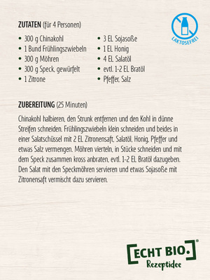 KI-generierte Beschreibung: Rezept für Chinakohl-Salat mit Speck und Möhren. Zutaten und Zubereitung.