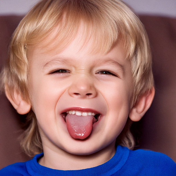 KI generiert: Das Bild zeigt ein fröhliches Kind, das die Zunge herausstreckt und ein verschmitztes Gesicht macht. Es trägt ein blaues T-Shirt und wirkt verspielt.