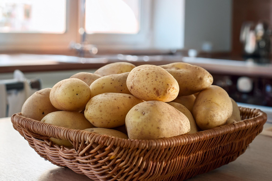 KI generiert: Korb mit frischen Kartoffeln, auf einem Tisch in einer Küche platziert.