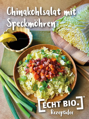 KI-generierte Beschreibung: Hauptinhalt: Chinakohlsalat mit Speckmöhren. Text: "Chinakohlsalat mit Speckmöhren" und "ECHT BIO. Rezeptidee".