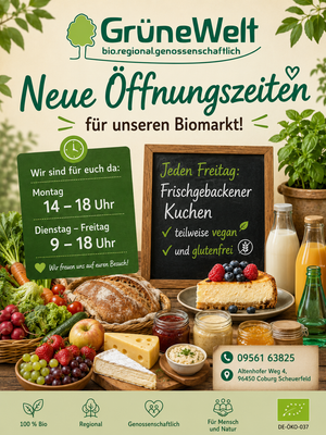 KI generiert: Werbung für einen Biomarkt mit Öffnungszeiten und frischen Produkten. "Neue Öffnungszeiten für unseren Biomarkt!"