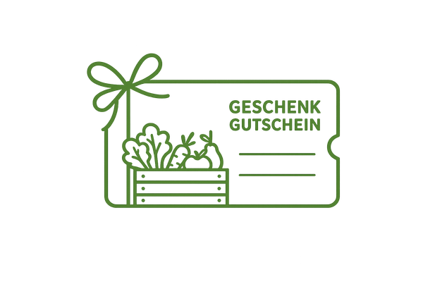 KI generiert: Geschenkgutschein mit Kiste voller Gemüse und Geschenkband verziert. Text: "GESCHENK GUTSCHEIN".