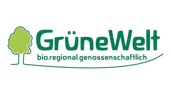 KI generiert: Logo von "GrüneWelt" mit einem grünen Baum; Text: "bio.regional.genossenschaftlich".