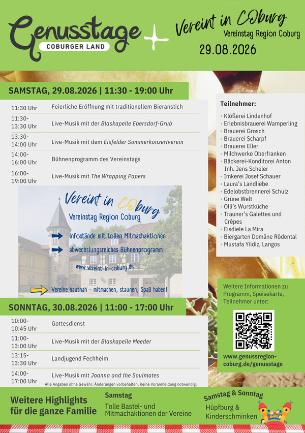KI generiert: Plakat für die Genusstage Coburger Land am 29.-30.08.2026 mit Programm und Teilnehmern.