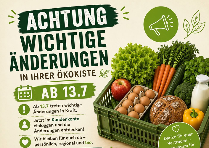 KI generiert: Ein Korb mit Gemüse und Text über Änderungen in der Ökokiste ab 13.7. Haupttext: "ACHTUNG WICHTIGE ÄNDERUNGEN IN IHRER ÖKOKISTE".